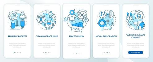 Space technologies blue onboarding mobile app screen. Exploration walkthrough 5 steps graphic instructions pages with linear concepts. UI, UX, GUI template. vector