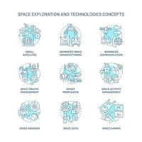 Conjunto de iconos de concepto turquesa de exploración espacial y tecnología. ilustraciones de color de línea delgada de idea de ciencia e industria. símbolos aislados. trazo editable.