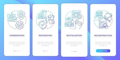 Heritage preservation blue gradient onboarding mobile app screen. Walkthrough 4 steps graphic instructions pages with linear concepts. UI, UX, GUI template.