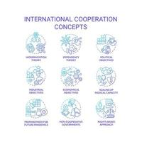 conjunto de iconos de concepto de gradiente azul de cooperación internacional. integración para la idea de desarrollo ilustraciones en color de línea delgada. símbolos aislados. trazo editable vector