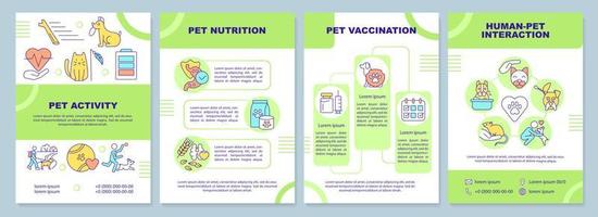 Taking care about pet green brochure template. Activity and nutrition. Leaflet design with linear icons. 4 vector layouts for presentation, annual reports