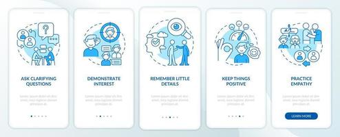 Practical steps to build charisma blue onboarding mobile app screen. Walkthrough 5 steps graphic instructions pages with linear concepts. UI, UX, GUI template.