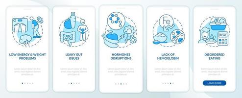 Side effects of veganism blue onboarding mobile app screen. Walkthrough 5 steps graphic instructions pages with linear concepts. UI, UX, GUI template. vector