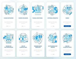 Keeping dog healthy and safe blue onboarding mobile app screen set. Walkthrough 5 steps graphic instructions pages with linear concepts. UI, UX, GUI template vector