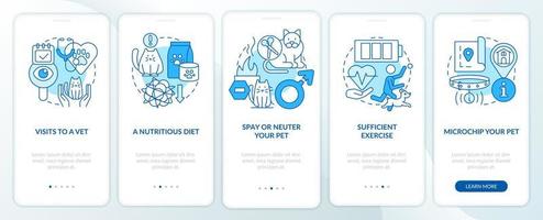 Proper pet care routine blue onboarding mobile app screen. Microchip walkthrough 5 steps graphic instructions pages with linear concepts. UI, UX, GUI template vector