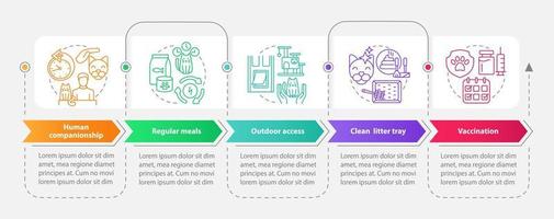 manteniendo la plantilla infográfica de rectángulo saludable para gatos de interior. visualización de datos con 5 pasos. gráfico de información de la línea de tiempo del proceso. diseño de flujo de trabajo con iconos de línea vector