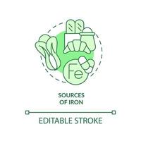 Sources of iron green concept icon. Green vegetables and bread. Source of nutrients abstract idea thin line illustration. Isolated outline drawing. Editable stroke. vector