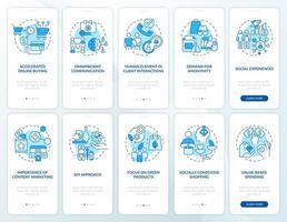 Customer needs blue onboarding mobile app screen set. Clients behavior walkthrough 5 steps graphic instructions pages with linear concepts. UI, UX, GUI template. vector