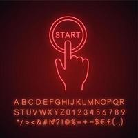 Start button click neon light icon. Launch. Hand pushing button. Glowing sign with alphabet, numbers and symbols. Vector isolated illustration