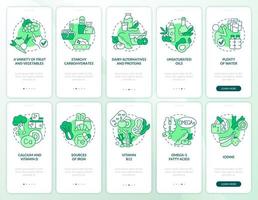 Vegan lifestyle green onboarding mobile app screen set. Healthy veganism walkthrough 5 steps graphic instructions pages with linear concepts. UI, UX, GUI template. vector