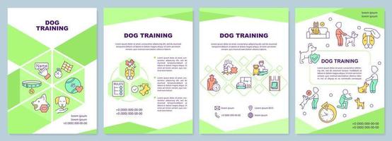 Dog training green brochure template. Dog obedience class. Leaflet design with linear icons. 4 vector layouts for presentation, annual reports