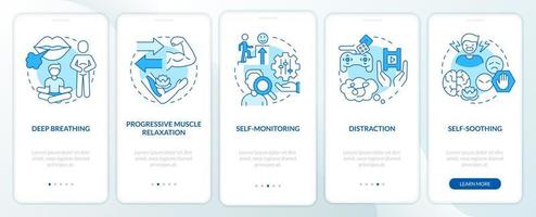 PTSD coping strategies blue onboarding mobile app screen. Healthcare walkthrough 5 steps graphic instructions pages with linear concepts. UI, UX, GUI template. vector