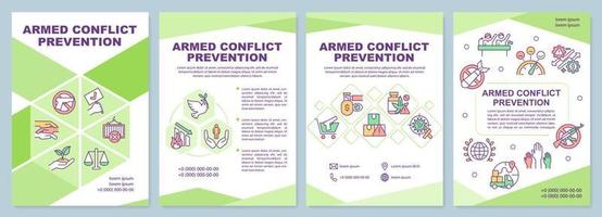 Armed conflict prevention green brochure template. Achieving peace. Leaflet design with linear icons. 4 vector layouts for presentation, annual reports.