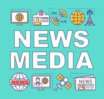 News media word concepts banner. Information agency. Broadcasting. Journalism and press. Presentation, website. Isolated lettering typography idea with linear icons. Vector outline illustration