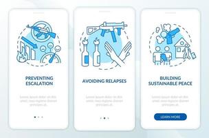 Post conflict stabilization blue onboarding mobile app screen. Walkthrough 3 steps graphic instructions pages with linear concepts. UI, UX, GUI template. vector