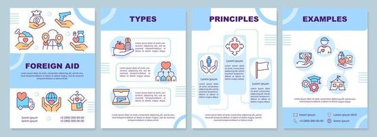 Foreign aid blue brochure template. Types and principles. Leaflet design with linear icons. 4 vector layouts for presentation, annual reports.