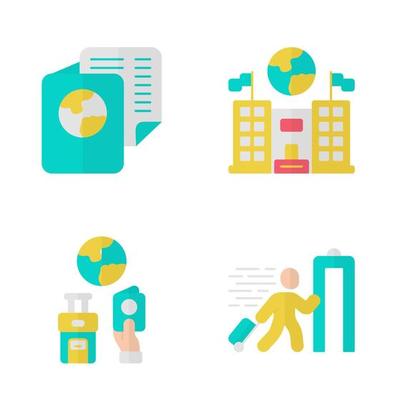 Immigration flat design long shadow color icons set. Consulate building. Travel documents, security check. Trip equipment. Refugee, immigrant. Travelling abroad. Vector silhouette illustrations