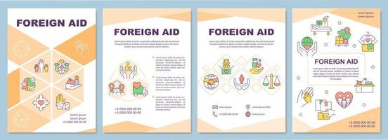 International aid orange brochure template. Protecting human rights. Leaflet design with linear icons. 4 vector layouts for presentation, annual reports.