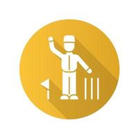 Cricket judge flat design long shadow glyph icon. Umpire signals decision. Arbitrator follow game. Man in uniform, flag and wicket. Sport competition, tournament. Vector silhouette illustration