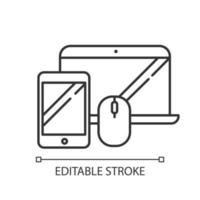 electrónica y accesorios icono lineal de tiza. teléfono inteligente, computadora portátil. departamento de comercio electrónico, compras en línea. ilustración de línea delgada. símbolo de contorno dibujo de contorno aislado vectorial. trazo editable vector