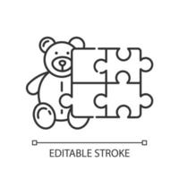Toys and hobbies linear icon. Kid products. Teddy bear and puzzle. E commerce department, shopping categories. Thin line illustration. Contour symbol. Vector isolated outline drawing. Editable stroke