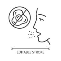Egg allergy linear icon. Allergic reaction to food. Hypersensitivity of immune system. Egg protein intolerance. Thin line illustration. Contour symbol. Vector isolated outline drawing. Editable stroke