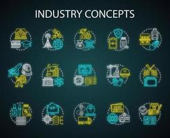 conjunto de iconos de concepto de luz de neón de la industria. desarrollo tecnológico. Fabricación, prestación de servicios, investigación y desarrollo de ideas de líneas finas. ocurrencia. signos brillantes. Ilustraciones de vectores aislados