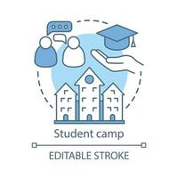 icono del concepto de campamento de estudiantes. club educativo de verano, ilustración de línea fina de idea comunitaria. compartir experiencia de aprendizaje. colegio, instalación universitaria. dibujo de contorno aislado vectorial. trazo editable vector