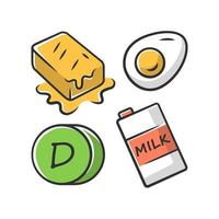 Vitamin D color icon. Butter, egg and milk. Healthy eating. Cholecalciferol natural food source. Dairy products. Proper nutrition. Minerals, antioxidants. Isolated vector illustration