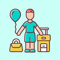 Immigrant child blue color icon. Kid travel abroad. Tourist trip. Holiday, tourism. Traveler, passenger with air balloon, carry on handbag and suitcase. Isolated vector illustration