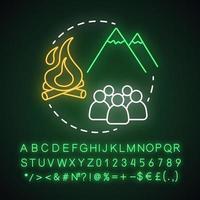 Mountain camp neon light concept icon. Summer hiking club, holiday resort idea. Travelling in mountains, rock climbing. Glowing sign with alphabet, numbers and symbols. Vector isolated illustration