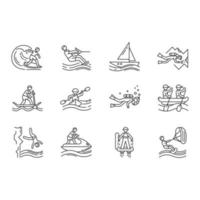 Watersports linear icons set. Cave diving, kiteboarding, flyboarding and jet skiing. Cliff jumping and paddle surfing.Thin line contour symbols. Isolated vector outline illustrations. Editable stroke