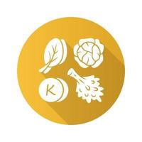 Vitamin K yellow flat design long shadow glyph icon. Edible greens and cabbage. Healthy food. Minerals, antioxidants natural source. Proper nutrition. Vector silhouette illustration