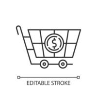 Shopping trolley linear icon. Add goods to basket. Merchandise and consumerism. Ordering goods. Thin line illustration. Contour symbol. Vector isolated outline drawing. Editable stroke