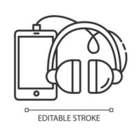 icono lineal de teléfonos y accesorios. teléfono inteligente, auriculares. comercio electrónico, categorías de compras en línea. reproductor de mp3. ilustración de línea delgada. símbolo de contorno dibujo de contorno aislado vectorial. trazo editable vector