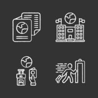 Immigration chalk icons set. Embassy and consulate building. Travel documents, security check. Trip equipment. Refugee, immigrant. Travelling abroad. Isolated vector chalkboard illustrations