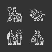 Refugees chalk icons set. Couple, kid travel abroad with suitcase. Tourist, traveler, passenger. Family trip, vacation, tourism. Immigrant child, family. Isolated vector chalkboard illustrations