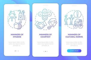 Etiquette categories blue gradient onboarding mobile app screen. Walkthrough 3 steps graphic instructions pages with linear concepts. UI, UX, GUI template. vector