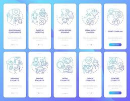 Etiquette blue gradient onboarding mobile app screen set. Basic rules walkthrough 5 steps graphic instructions pages with linear concepts. UI, UX, GUI template. vector