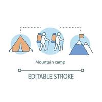 Mountain hiking, trekking camp concept icon. Summer camping holiday resort idea thin line illustration. Travelling in mountains, rock climbing. Vector isolated outline drawing. Editable stroke