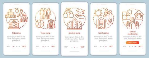 Children camps onboarding mobile app page screen vector template. Kids and family holiday. Walkthrough website steps with linear illustrations. UX, UI, GUI smartphone interface concept