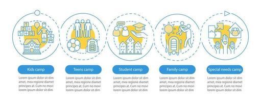 Children camps vector infographic template. Business presentation design elements. Data visualization with five steps and options. Process timeline chart. Workflow layout with linear icons