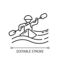 Kayaking linear icon. Thin line illustration. Canoeing watersport, extreme underwater kind of sport. Risky leisure on boat with puddle. Contour symbol. Vector isolated outline drawing. Editable stroke