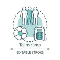 Teens camp concept icon. Summer youngster club, community idea thin line illustration. Teenager holiday resort. Sports after school facility. Vector isolated outline drawing. Editable stroke