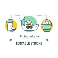 Fishing industry concept icon. Fishery sector. Catching fish for food and for sale. Rubber boots, bucket of fish, boat idea thin line illustration. Vector isolated outline drawing. Editable stroke