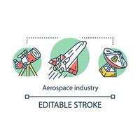 Aerospace industry concept icon. Cosmos exploration and travel. Astronautics. Observation of space objects, rocketry idea thin line illustration. Vector isolated outline drawing. Editable stroke