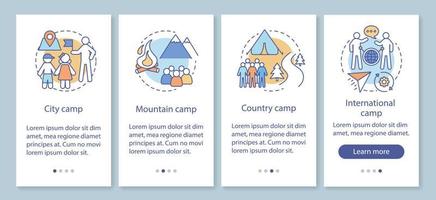 Travelling, nature camps onboarding mobile app page screen with linear concepts. Camping vacation, trip walkthrough steps graphic instructions. UX, UI, GUI vector template with illustrations