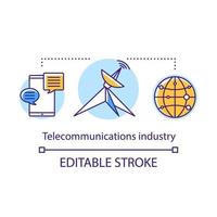 Telecommunications industry concept icon. Global communication service. Information exchange technology. Telecom system idea thin line illustration. Vector isolated outline drawing. Editable stroke