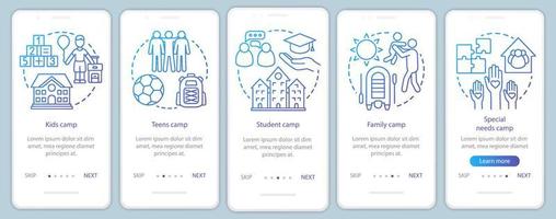 campamentos para niños que incorporan la plantilla de vector de pantalla de la página de la aplicación móvil. niños y vacaciones familiares. paso a paso del sitio web con ilustraciones lineales. ux, ui, concepto de interfaz de teléfono inteligente gui