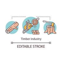 Timber industry concept icon. Logging. Forestry sector. Wood production. Firewood. Log, chainsaw, ax in stump idea thin line illustration. Vector isolated outline drawing. Editable stroke